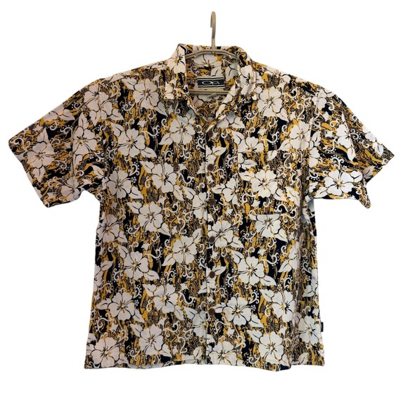 Ocean Pacific Other - Ocean Pacific OP Med Floral Textured Cotton Button Shirt Yellow‎ VTG Loop Collar